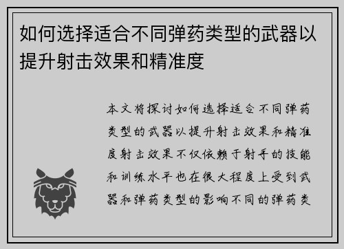 如何选择适合不同弹药类型的武器以提升射击效果和精准度 如何选择适合不同弹药类型的武器以提升射击效果和精准度